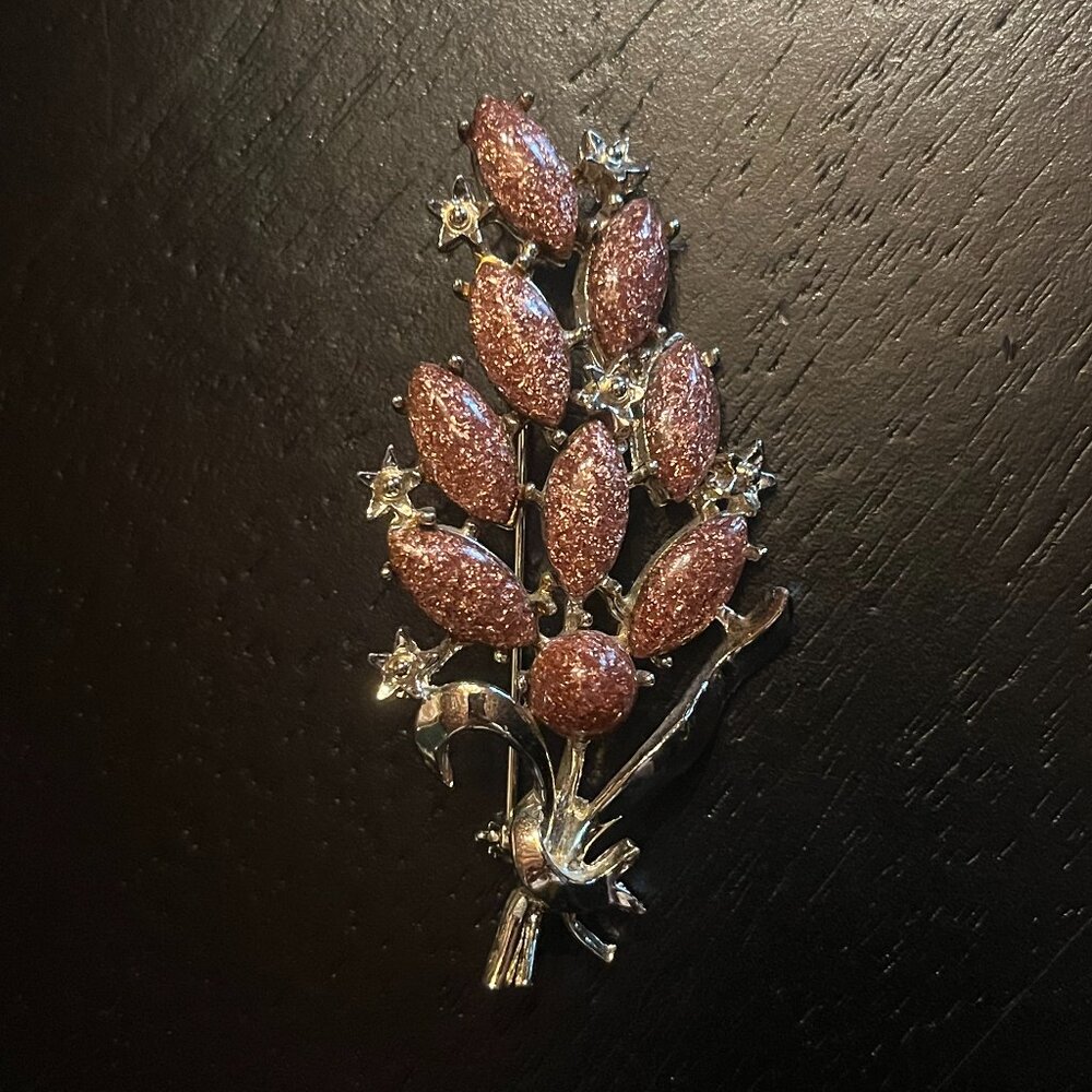 Vintage Gold Tone Flower bouquet Brooch Copper Sparkle Stones